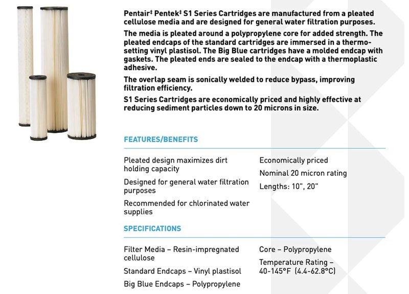 Pentek Pentair Pentek S1-BB Big Blue Sediment Water Filter, 10-Inch, Whole House Heavy Duty Pleated Cellulose Filter Cartridge, 10â€ x 4.5â€, 20 Micron - Image 1